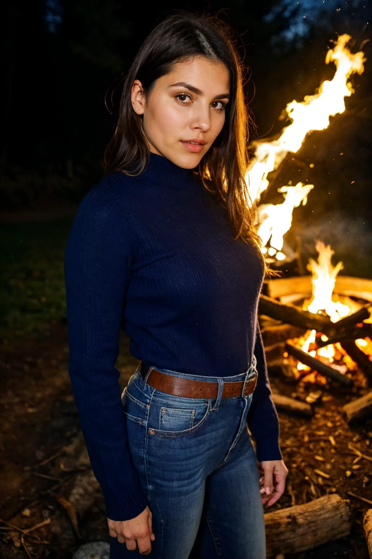 medium close up shot, realistic photo of  valn woman, a long sleeve sweater, wearing jeans, standing near a campfire, night time, dark, looking at the camera, (sharp focus, highly detailed, 4k, 8k, best quality, masterpiece, ultra highres:1), dark lighting, contrast, medium shot, 