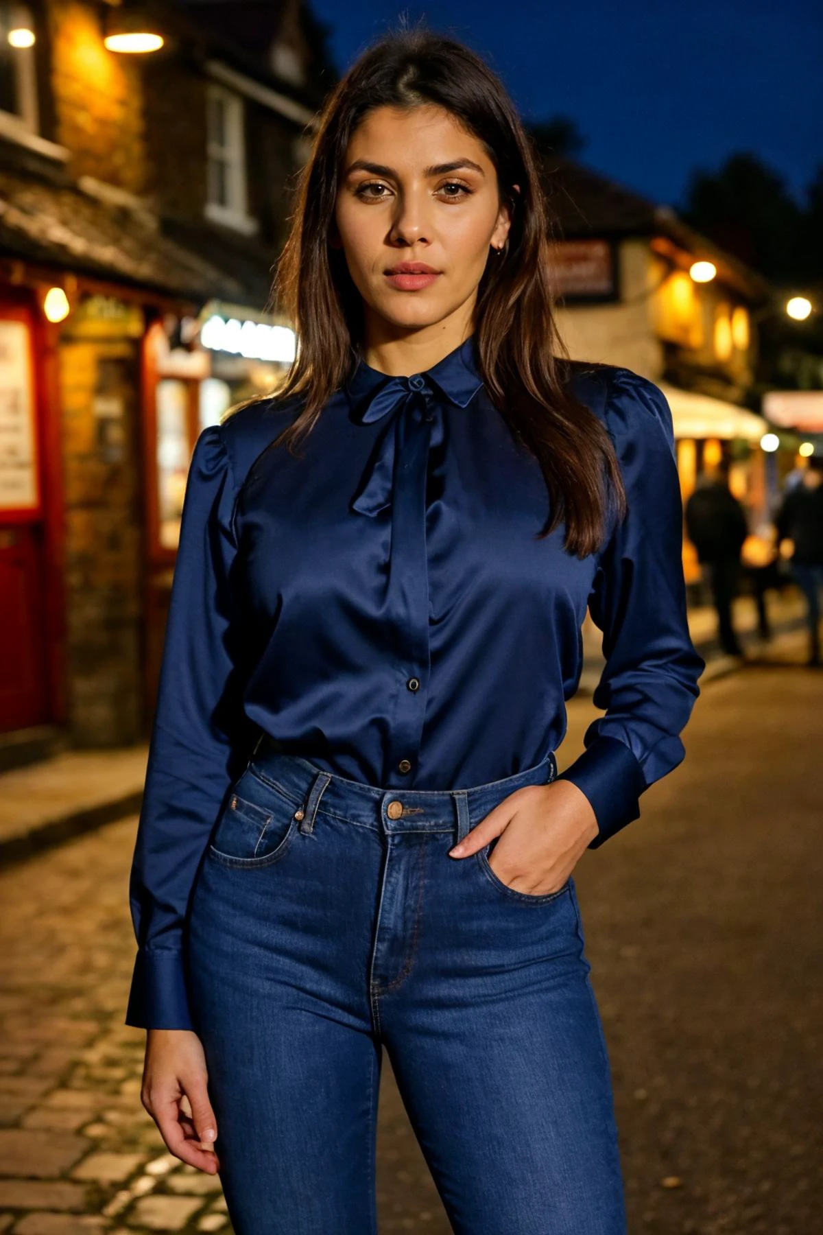 medium close up shot, realistic photo of  valn woman, wearing a long sleeve blouse, wearing jeans, standing outside a pub, night time, dark, looking at the camera, (sharp focus, highly detailed, 4k, 8k, best quality, masterpiece, ultra highres:1), dark lighting, contrast, medium shot, 