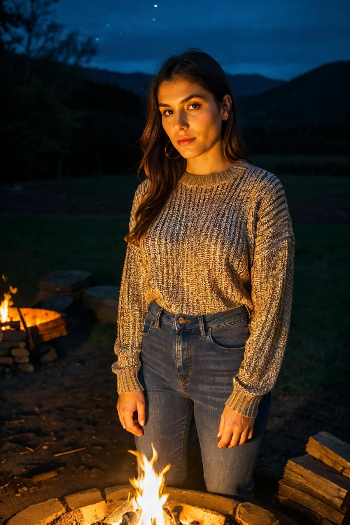 medium close up shot, realistic photo of  valn woman, a long sleeve sweater, wearing jeans, standing near a campfire, night time, dark, looking at the camera, (sharp focus, highly detailed, 4k, 8k, best quality, masterpiece, ultra highres:1), dark lighting, contrast, medium shot, 