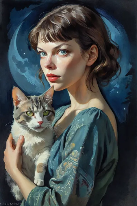 a painting of a woman holding a cat in her arms