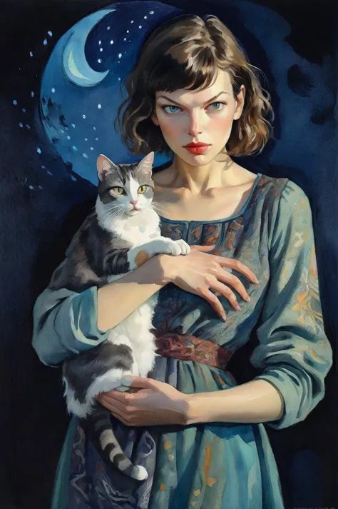 a painting of a woman holding a cat in her arms