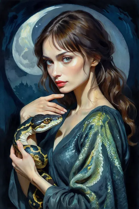 a painting of a woman holding a snake in her hands