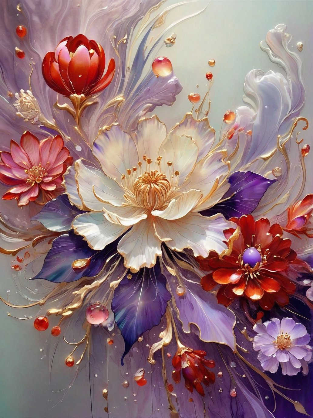 Painting of a flower with many petals and flowers on a blue background