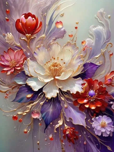 A bunch of blooming flowers,the petals show different shades of red and purple the center is embellished with gold texture,sparkling,elegant and unique,gently swaying,mysterious and charming,realistic and abstract art,details,very realistic,beautiful and vital,dreamlike and surreal,delicate brush strokes and rich colors,beauty and mystery,unimaginable beauty,Ornate And Intricate,transparent,translucent,Agate material,jade material,BY Anne Bachelier, sketch artstyle