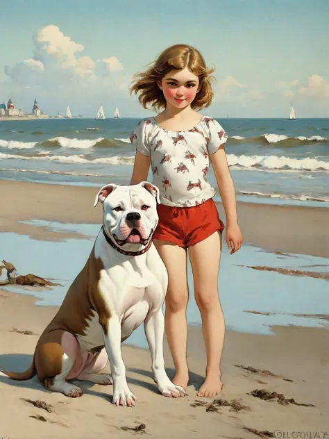 a girl on the beach surrounded by American Bulldog Russian popular print