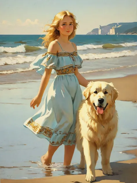 a girl on the beach surrounded by Golden Pyrenees Russian popular print