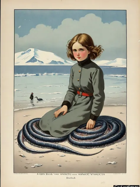 a girl on the beach surrounded by Antarctic scale worm Russian popular print