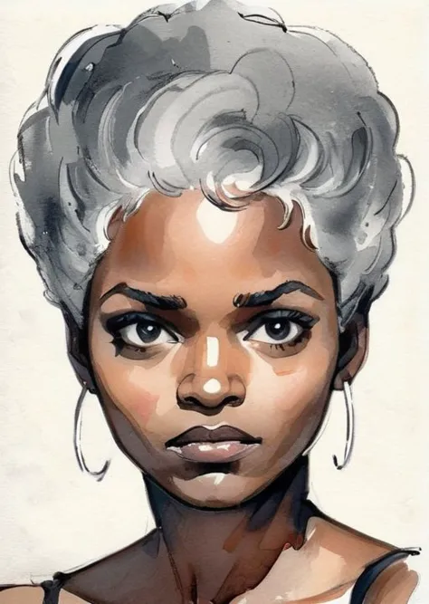 a drawing of a woman with a gray hair and earrings