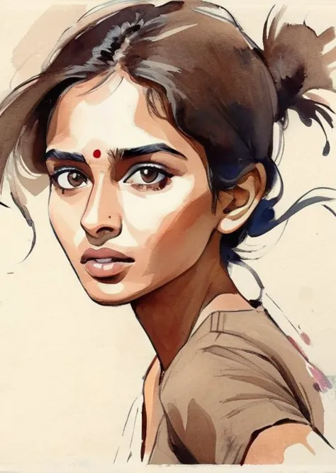 a painting of a woman with a ponytail and a brown shirt