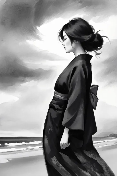 japanese sumi-e sketch artstyle, grayscale, monochrome, bold expressive ink strokes on textured washi paper, subtle blended midtones, profile of a woman wearing a black kimono standing alone on a beach, her hair and clothing are blown by the wind as she stares out to sea, mourning the death of her husband, somber, artistic