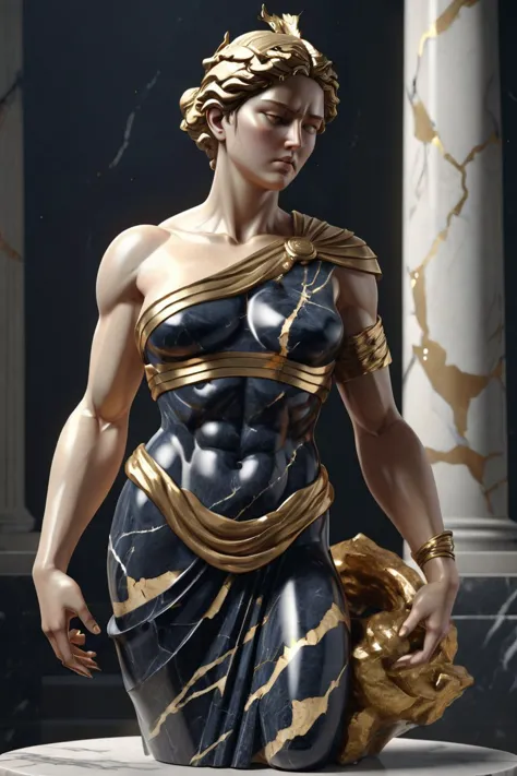 A statue from a muscular greek woman god statue, dark marble, gilded accents, kintsugi cracks, 8k unreal engine render, photorealism