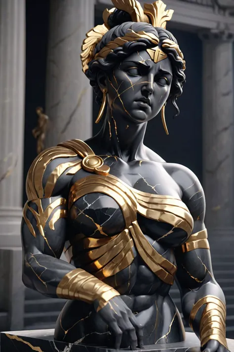 A statue from a muscular greek woman god statue, dark marble, gilded accents, kintsugi cracks, 8k unreal engine render, photorealism