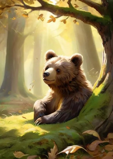 a close up of a bear sitting in the grass near a tree