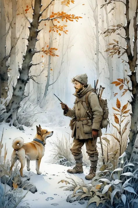 Ultra HD detailed painting of frost and snow, Hunter with dog, pearly sunlight, autumn forest, among thickets of plants, by Jean-Baptiste Monge, watercolor and ink, intricate details, fantasy, beautiful, fantasy, flowers, memories, nature, thickets, perfect composition, watercolor sketch in artistic style, large strokes, finalized with ink, fine lines