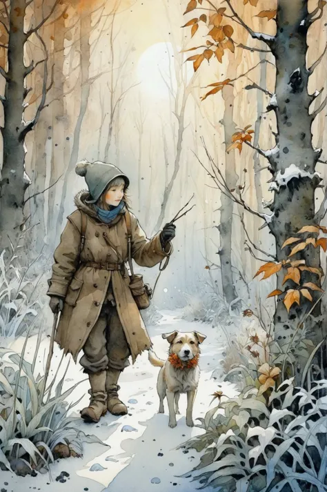 Ultra HD detailed painting of frost and snow, Hunter with dog, pearly sunlight, autumn forest, among thickets of plants, by Jean-Baptiste Monge, watercolor and ink, intricate details, fantasy, beautiful, fantasy, flowers, memories, nature, thickets, perfect composition, watercolor sketch in artistic style, large strokes, finalized with ink, fine lines