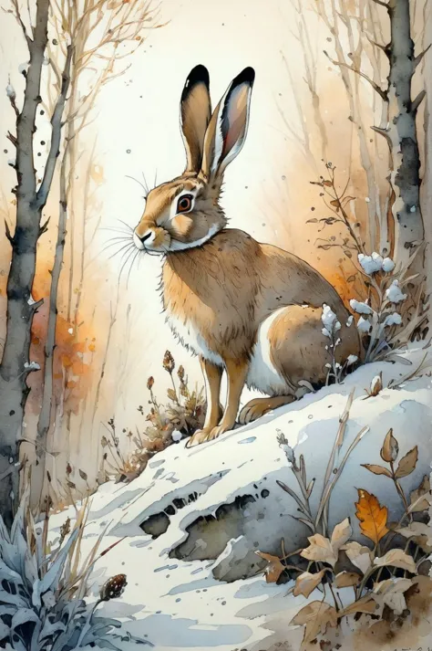 a painting of a rabbit sitting on top of a snow covered hill