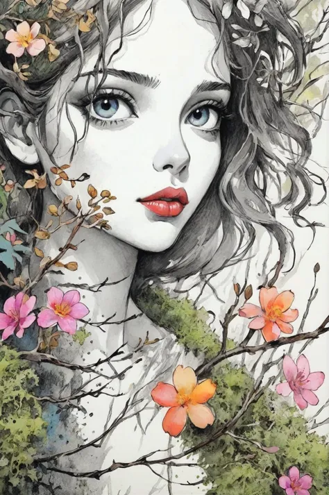 hand drawn sketch illustration of a beautiful girl, sketch artstyle, monochrome, sketch artstyle BREAK flowers moss, tree branches, illustration, watercolor sketch, (best quality), intricate detailed, Colored vegetation colorful flowers colorful lips colorful eyes