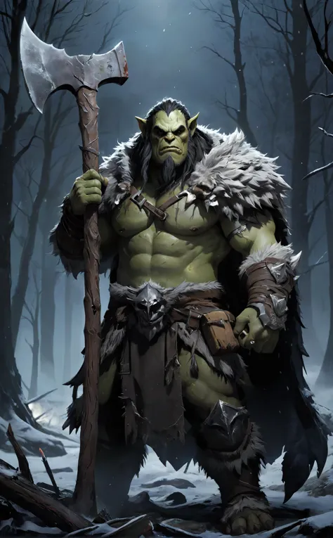 A gigantic orc warrior, a skilled hunter wearing a wolf fur cloak and hood with a scar over one eye and a large scar on the side of his face, and holding a huge ax in one hand, and holding a huge ax in one hand, It is set in a burned and devastated forest under a cool, dark night sky with sleet falling, full shot, cinematic lighting, dramtic Scene,High quality 3D rendering, fantasy, Pixar 3D character design style.
, <lora:add-detail-xl:0.8>, <lora:xl_more_art-full_v1:0.5>