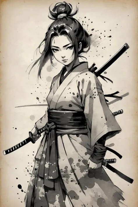 old book style ink illustration, on parchment, ink splashes, ink stains, ink smears, faded ink, samurai girl, sketch artstyle, graycale, monochrome,