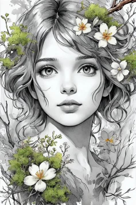 hand drawn sketch illustration of a beautiful girl, flowers moss, tree branches, illustration, watercolor sketch, (best quality), intricate detailed, sketch artstyle Colored vegetation colorful flowers, sketch artstyle, graycale, monochrome,