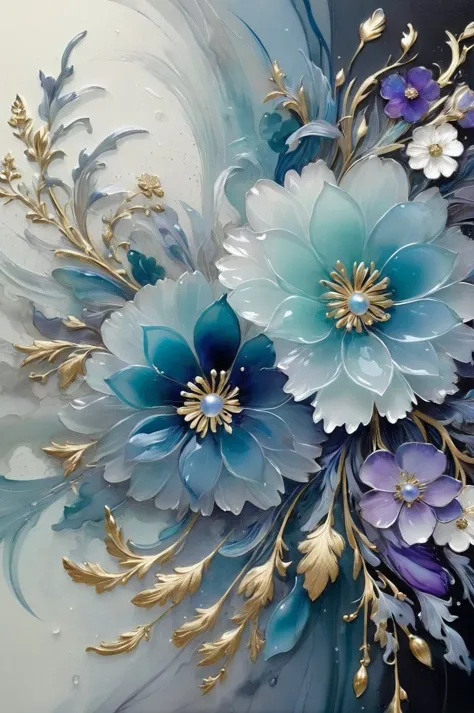 A bunch of blooming flowers,the petals show different shades of blue and purple,the center is embellished with gold texture,sparkling,elegant and unique,gently swaying,mysterious and charming,realistic and abstract art,details,very realistic,beautiful and vital,dreamlike and surreal,delicate brush strokes and rich colors,beauty and mystery,unimaginable beauty,Ornate And Intricate,transparent,translucent,Agate material,jade material,BY Anne Bachelier,, sketch artstyle, graycale, monochrome,