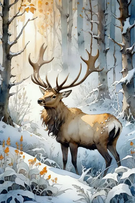 Ultra HD detailed painting of frost and snow, elk, pearly sunlight, autumn forest, among thickets of plants, by Jean-Baptiste Monge, watercolor and ink, intricate details, fantasy, beautiful, fantasy, flowers, memories, nature, thickets, perfect composition, watercolor sketch in artistic style, large strokes, finalized with ink, fine lines