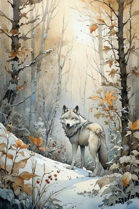 Ultra HD detailed painting of frost and snow, wolf, pearly sunlight, autumn forest, among thickets of plants, by Jean-Baptiste Monge, watercolor and ink, intricate details, fantasy, beautiful, fantasy, flowers, memories, nature, thickets, perfect composition, watercolor sketch in artistic style, large strokes, finalized with ink, fine lines