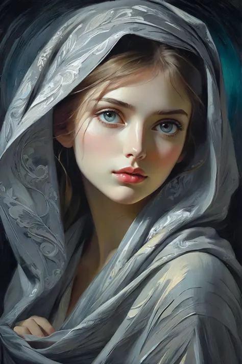 renaissance style Prepare to lose yourself in the mesmerizing world of a Slavic-style portrait, where visible brushstrokes breathe life into an evocative depiction of a young woman draped in a somber gray shawl. As she contemplates her surroundings beneath the cover of a moonlit night, the play of shadow and light creates an enchanting chiaroscuro effect reminiscent of Impressionist masters such as Van Gogh, Aric Brauer, and Georges Mathieu, infused with the whimsical surrealism of Archan Nair. Employing traditional oil painting techniques alongside cutting-edge digital airbrushing, this semi-abstract piece transcends conventional categorization, merging figurative art with exquisitely detailed abstractions. Collaged components add depth and allure, while delicate variations in tonality weave together a tapestry of intricate patterns and unusual beautiful details. Each square inch bursts forth with vibrant colors and masterful highlights, casting ethereal impressions upon the mind's eye. Illuminated by impressionistic lighting effects, these luminescent touches elevate the work to new heights of visual splendor. Witness the creation of a timeless masterpiece imbued with extraordinary finesse, crafted to inspire admiration and spark curiosity  all presented in sumptuous high definition. . realistic, perspective, light and shadow, religious or mythological themes, highly detailed, sketch artstyle, graycale, monochrome,