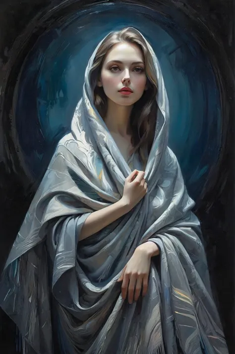 renaissance style Prepare to lose yourself in the mesmerizing world of a Slavic-style portrait, where visible brushstrokes breathe life into an evocative depiction of a young woman draped in a somber gray shawl. As she contemplates her surroundings beneath the cover of a moonlit night, the play of shadow and light creates an enchanting chiaroscuro effect reminiscent of Impressionist masters such as Van Gogh, Aric Brauer, and Georges Mathieu, infused with the whimsical surrealism of Archan Nair. Employing traditional oil painting techniques alongside cutting-edge digital airbrushing, this semi-abstract piece transcends conventional categorization, merging figurative art with exquisitely detailed abstractions. Collaged components add depth and allure, while delicate variations in tonality weave together a tapestry of intricate patterns and unusual beautiful details. Each square inch bursts forth with vibrant colors and masterful highlights, casting ethereal impressions upon the mind's eye. Illuminated by impressionistic lighting effects, these luminescent touches elevate the work to new heights of visual splendor. Witness the creation of a timeless masterpiece imbued with extraordinary finesse, crafted to inspire admiration and spark curiosity  all presented in sumptuous high definition. . realistic, perspective, light and shadow, religious or mythological themes, highly detailed, sketch artstyle, graycale, monochrome,