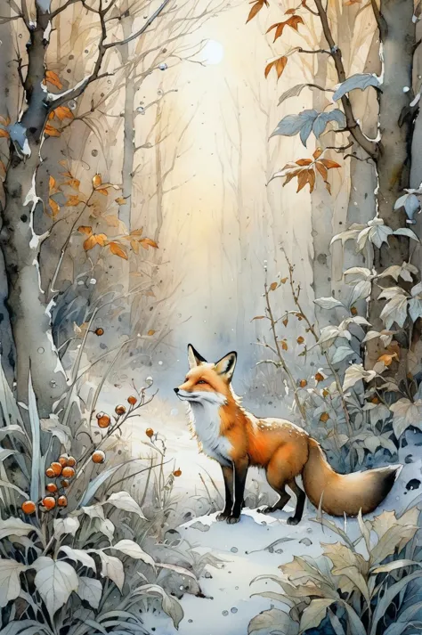 painting of a fox in a snowy forest with a sunbeam