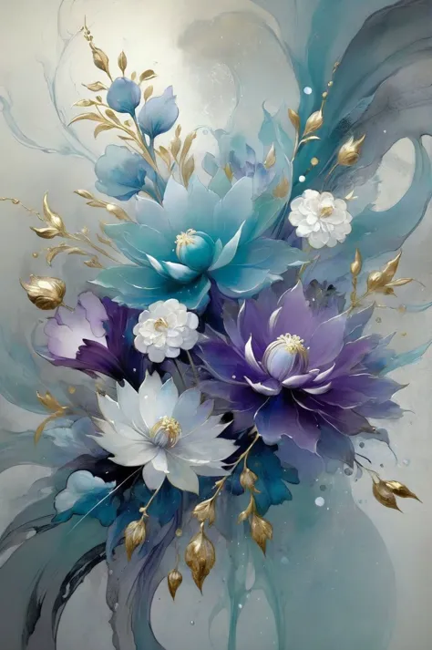 A bunch of blooming flowers,the petals show different shades of blue and purple,the center is embellished with gold texture,sparkling,elegant and unique,gently swaying,mysterious and charming,realistic and abstract art,details,very realistic,beautiful and vital,dreamlike and surreal,beauty and mystery,unimaginable beauty,Ornate And Intricate,transparent,translucent,Agate material,jade material,BY Anne Bachelier,, sketch artstyle, graycale, monochrome,