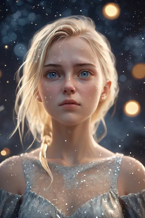 nordic woman 25yo, Blond head, fights, A pity, photo portrait, melting into a of stars, beautiful eyes, highly detailed, photo, official style dress background, (masterpiece), (realistic), 8k, RAW photo, very wide shot, octane render, unreal engine, volumetrics dtx, (film grain, bokeh, blurry foreground)