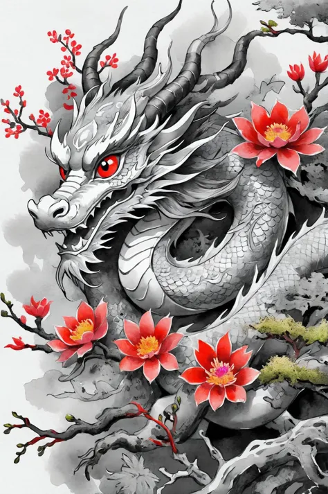 (monochrome grayscale:1.3) china dragon, watercolor sketch artstyle, sketch artstyle Colored vegetation colorful flowers colorful eyes flowers moss, tree branches, illustration, watercolor sketch, (best quality), intricate detailed, <lora:Haute_CoutureXL:0,8> Haute_CoutureXL Red hieroglyphs around the edge