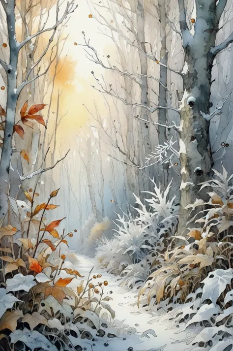 a painting of a snowy path with trees and bushes