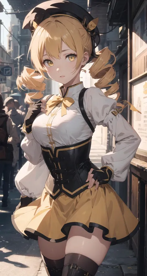 mamitomoe,, mami tomoe, blonde hair, drill hair, twin drills, (yellow eyes:1.3), BREAK boots, brown footwear, brown gloves, cors...