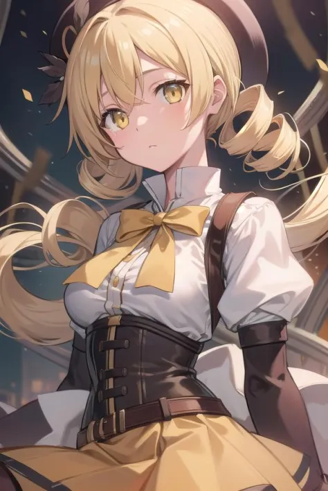 mamitomoe, <lora:mamitest:1>, mami tomoe, blonde hair, drill hair, twin drills, (yellow eyes:1.3),
BREAK boots, brown footwear, brown gloves, corset, detached sleeves, fingerless gloves, gloves, hat, juliet sleeves, knee boots, long sleeves, magical girl, ...