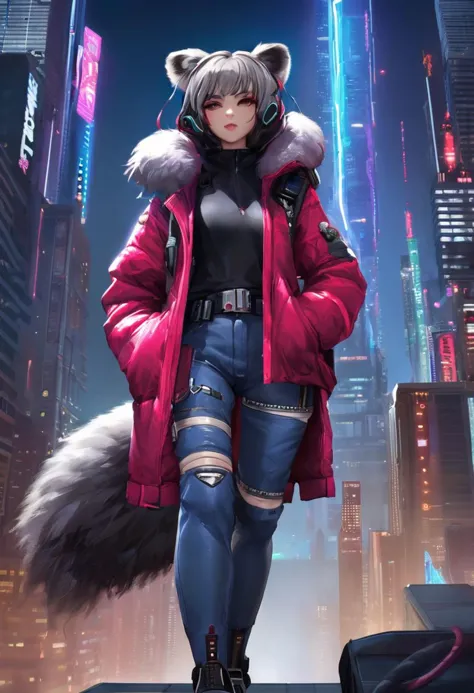 1girl, (detailed fluffy fur), body fur, solo, raccoon ears, 
raccoon tail, two-tone hair, (high quality), high res, detailed eye...