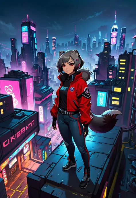 1girl, (detailed fluffy fur), body fur, solo, raccoon ears, 
raccoon tail, two-tone hair, (high quality), high res, detailed eyes, detailed shadows, full body, full height, in a jump, red jacket, Nova, StarCraft, (reimagined in a cyberpunk universe), (cyberpunk style), (cyberpunk), (cyberpunk outfit), augmentation, cybernetics, solo, (cyberpunk outfit), high-res, (digital painting), (8k), (tail:1.1), city buildings, skyline, (hand in pocket:1.1), jeans, (neon lights:1.1), night, crowded, on the roof of a skyscraper