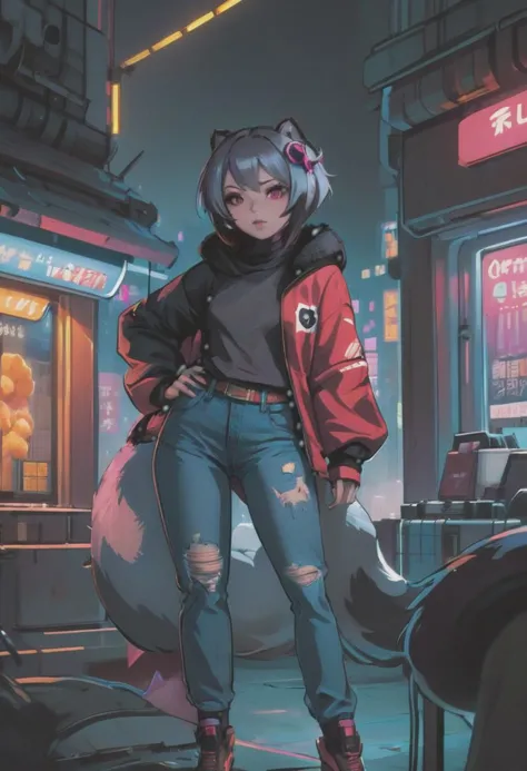 1girl, (detailed fluffy fur), body fur, solo, raccoon ears, 
raccoon tail, two-tone hair, (high quality), high res, detailed eyes, detailed shadows, full body, full height, in a jump, red jacket, Nova, StarCraft, (reimagined in a cyberpunk universe), (cyberpunk style), (cyberpunk), (cyberpunk outfit), augmentation, cybernetics, solo, (cyberpunk outfit), high-res, (digital painting), (8k), (tail:1.1), city buildings, skyline, (hand in pocket:1.1), jeans, (neon lights:1.1), night, crowded, on the roof of a skyscraper