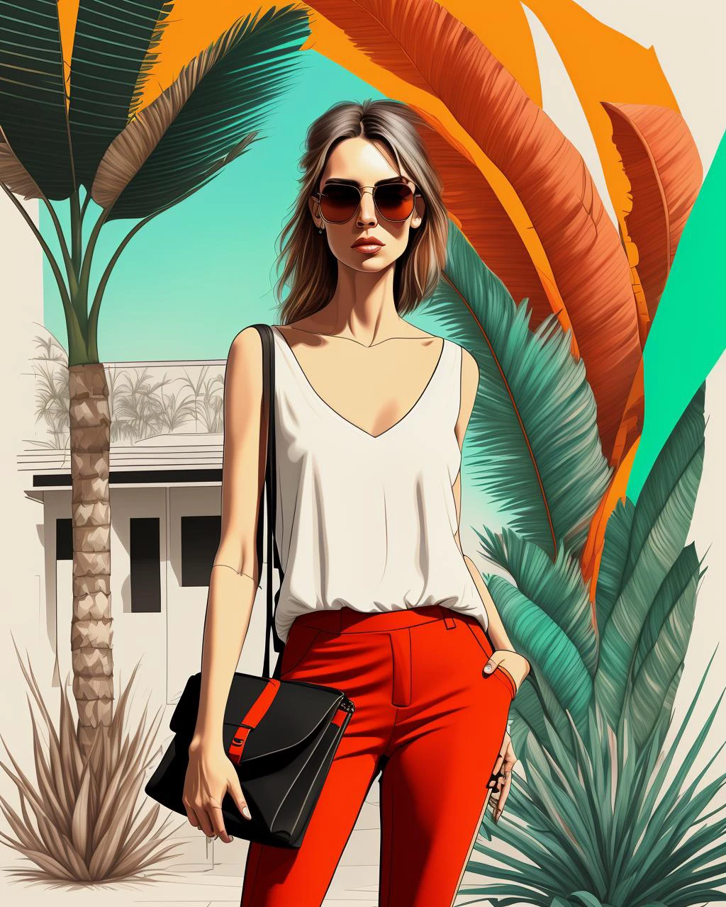 una mujer con pantalones rojos y una blusa blanca con un bolso negro y gafas de sol en la cabeza y una palmera al fondo, Drew Tucker, Ilustración Digital, arte digital, arte digital