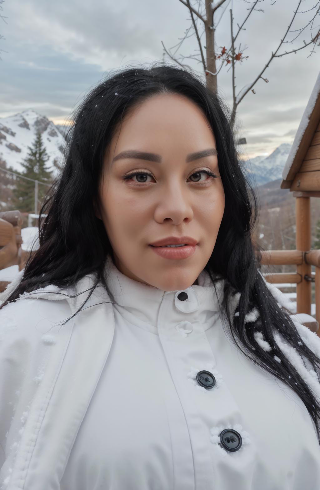 A close up of a woman in a white jacket standing in the snow - SeaArt AI