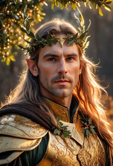 RAW Photograph, closeup portrait, a fierce Elven warrior, wearing armor constructed from woven mistletoe enforced with steel par...