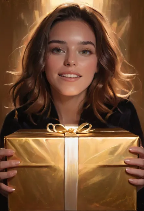 (impressionistic realism by csybgh), a woman opens a mysterious gift, golden magical light shines on her face from inside the gi...