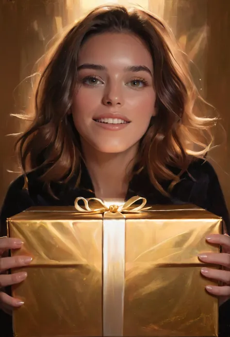 (impressionistic realism by csybgh), a woman opens a mysterious gift, golden magical light shines on her face from inside the giftbox, sparkling eyes, expression of joyous wonder, pure intense happiness, gldnglry, viewed from the front, facial focus, masterpiece, (perfect hands and perfect fingers)