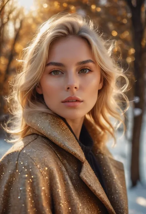 RAW Photograph, closeup portrait, winter landscape, elegant, absolutely breathtaking blonde beauty, she is wearing a stylish win...