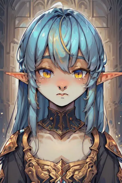 ASCII ((Lapanya)), human skintone, ((cute)), young adult, ((blue hair, blonde undertones)), wavy hair, long hair, ((shy expression, neutral expression)), pointy ears, white armor, black underclothes,((3/4 view)), solo, close-up, ((flat chest, no breasts)):1.2, ((snout nose, medium nose, wedge shaped nose, small nostrils, nonhuman nose, straight septum, no philtrum)), ((3 fingers 1 thumb)):1.2, fully clothed, clean lines, highly detailed hands, highly detailed face, detailed nose, high quality, best quality, distinct fingers, snapshot, rating: safe