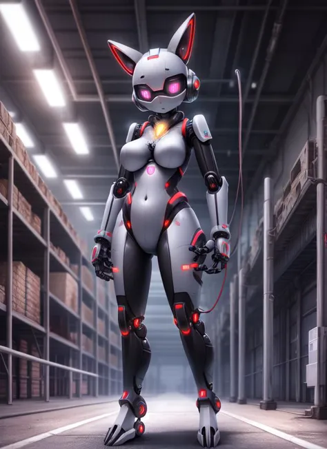 furry robot female standing inside a factory, full_body, cables, ultra detailed, electricity, sfw