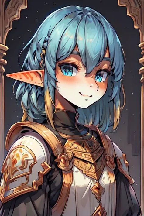 ASCII ((Lapanya)), human skintone, ((cute)), ((blue and gold irises)):1.2, adult, ((blue hair, blonde undertones, center parted hair)), curly hair, long hair, ((no bangs)), ((shy expression, smiling)), pointy ears, white armor, black underclothes,((3/4 view)), solo, close-up, ((flat chest, no breasts)):1.2, ((snout nose, medium nose, wedge shaped nose, small nostrils, nonhuman nose, straight septum, no philtrum)), ((3 fingers 1 thumb)):1.2, fully clothed, clean lines, highly detailed hands, highly detailed face, detailed nose, high quality, best quality, distinct fingers, snapshot, rating: safe