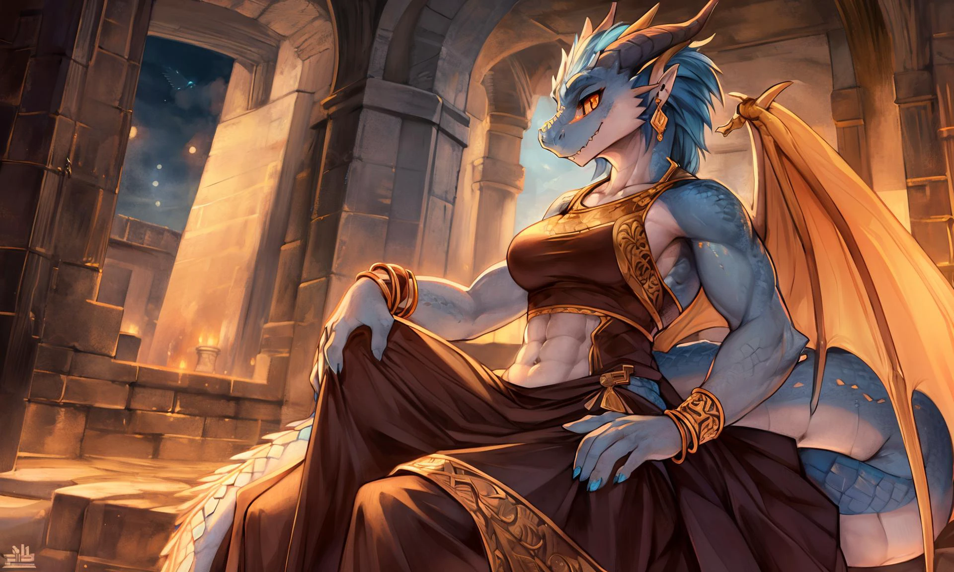(solo), (high resolution, masterpiece, detailed), cowboy_shot, blue dragonborn, scalie, blue scales, female, tail, medium length messy blue hair, muscular, earrings, horns, bracelets, jewelry, breasts, small belly,  orange eyes, dragon horns, dragon wings, dark formal dress with gold trim, [midriff],  looking at viewer, romantic, nighttime, side view, sitting, closeup