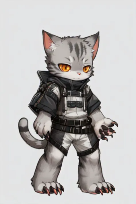 masterpiece, best_quality, highres, ultra-detailed, clothed, (male anthro cat), bipedal, orange eyes, standing, solo, short, chi...